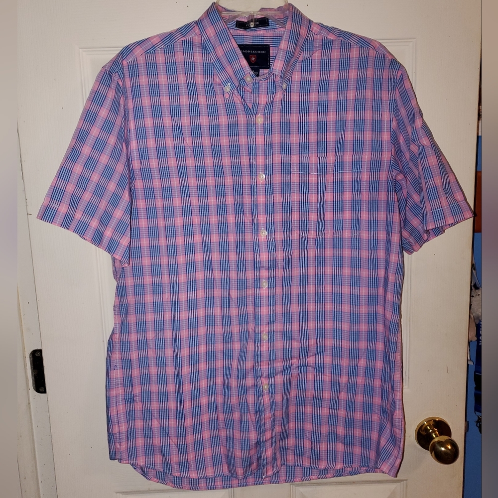 5 for $25 | Saddlebred Pink and Blue Plaid Button Down Short Sleeve Shirt